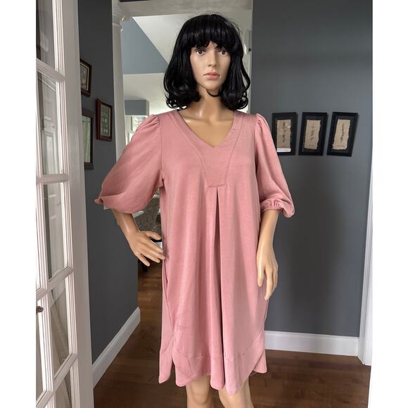 For Cynthia puff sleeved v neck high low soft pink knee length dress small - Picture 2 of 10